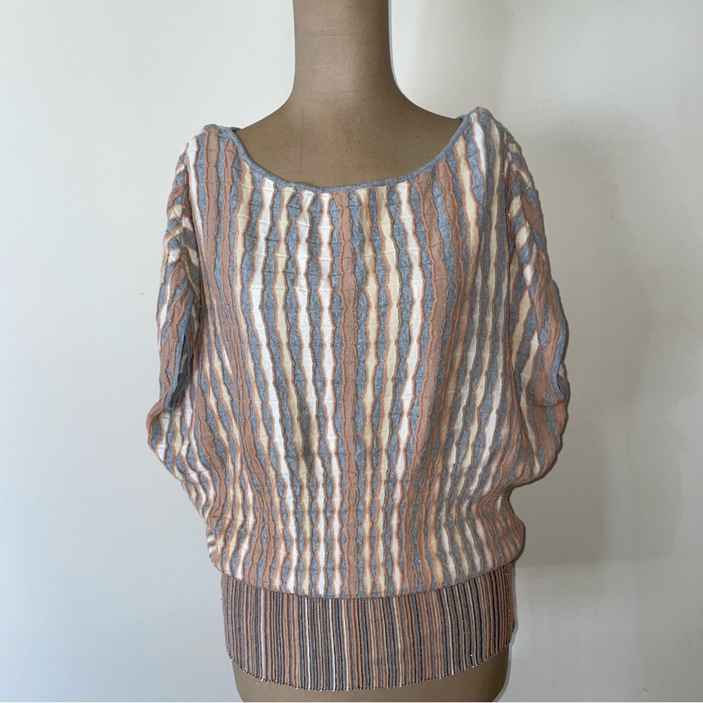 Moth (Anthropologie)Textured,CTN/WL Batwing Sweater in Peach, Gray & Cream SM